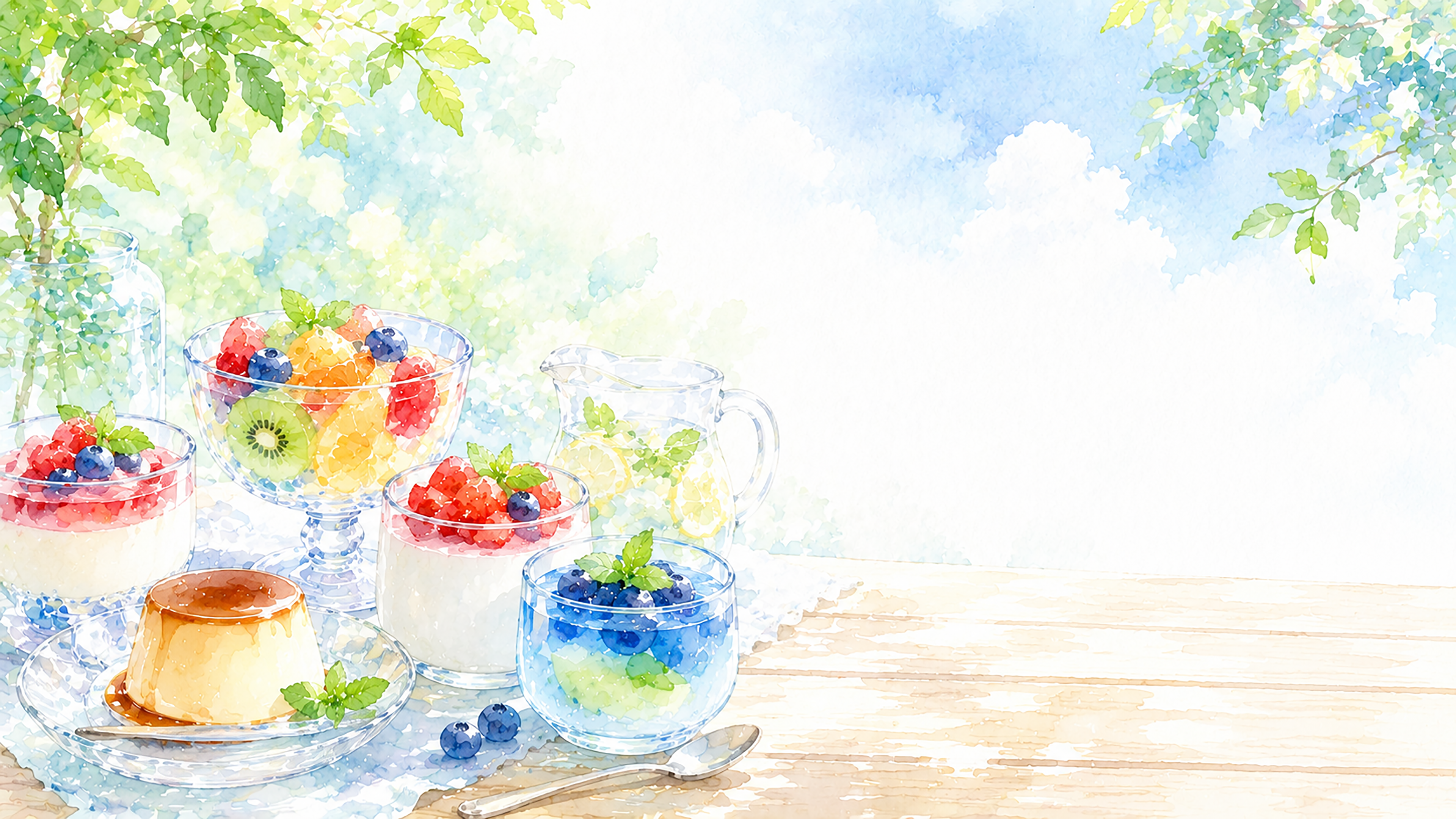 冷やしスイーツ背景イラスト【無料】おしゃれな夏カフェ背景素材（PNG）フリー92446に写真・文字を入れる