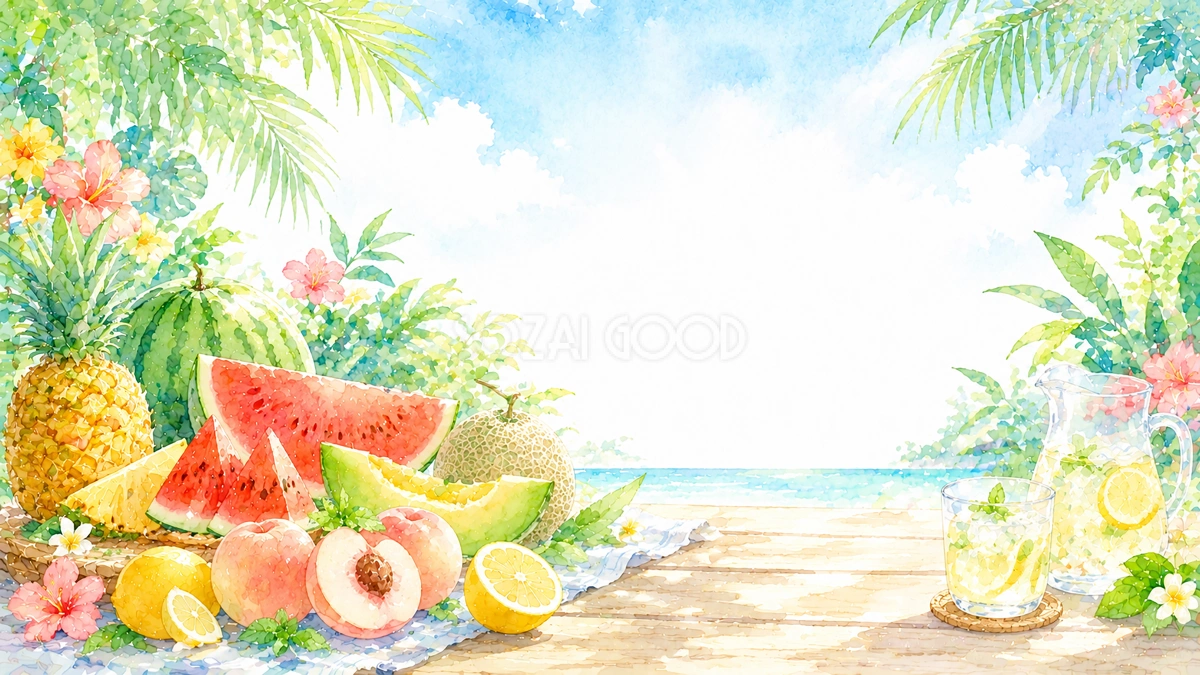 夏フルーツ背景イラスト【無料】トロピカルな背景素材（PNG）フリー92447