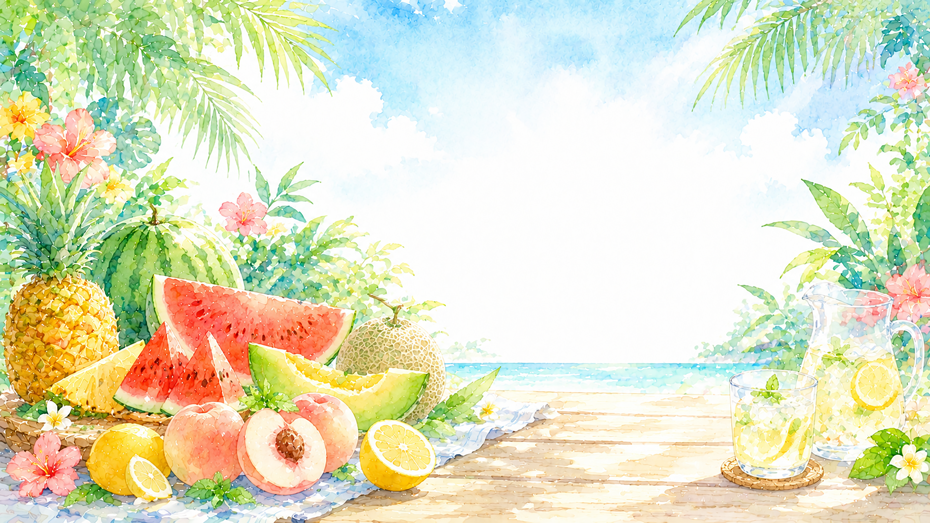 夏フルーツ背景イラスト【無料】トロピカルな背景素材（PNG）フリー92447に写真・文字を入れる