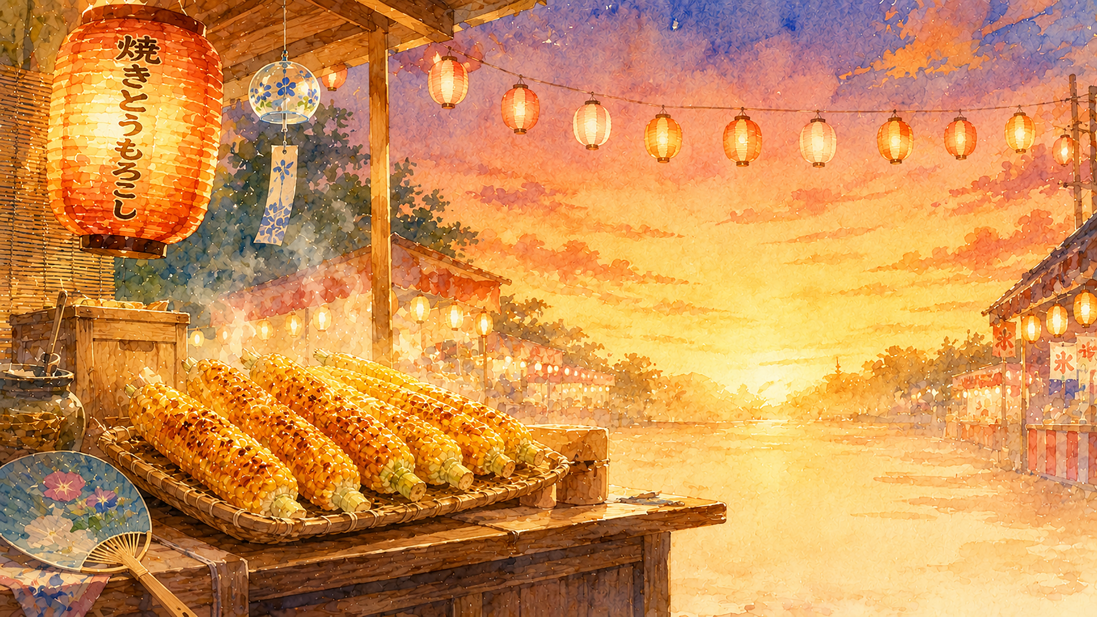 焼きとうもろこし背景イラスト【無料】夏祭り屋台背景素材（PNG）フリー92449に写真・文字を入れる