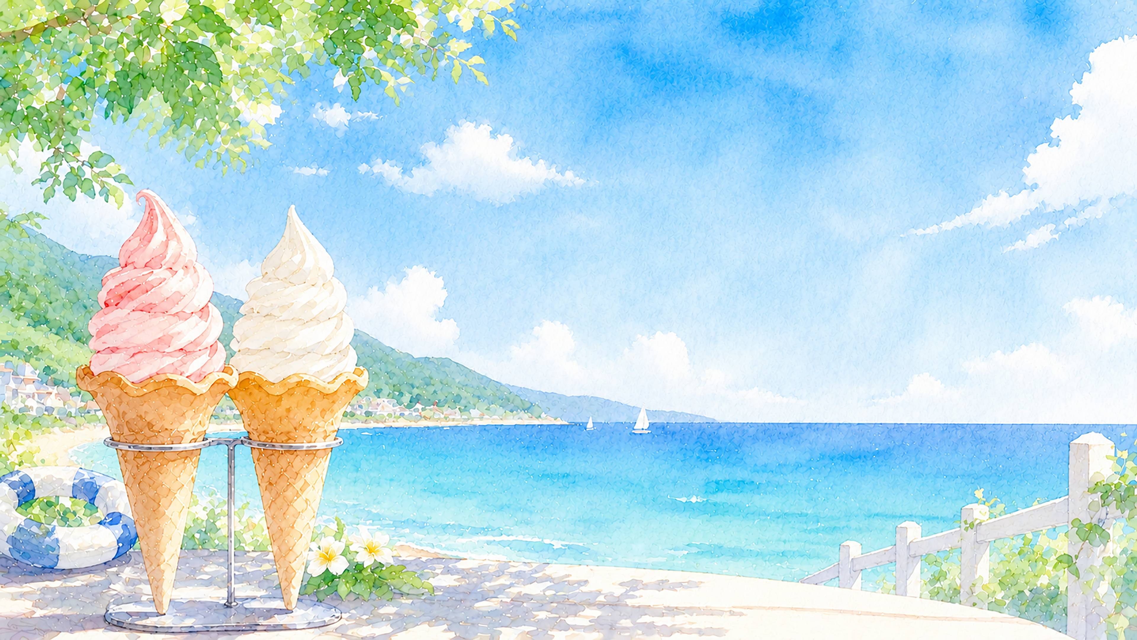 ソフトクリーム背景イラスト【無料】海辺の夏背景素材（PNG）フリー92451に写真・文字を入れる