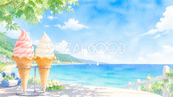 ソフトクリーム背景イラスト【無料】海辺の夏背景素材（PNG）フリー92451