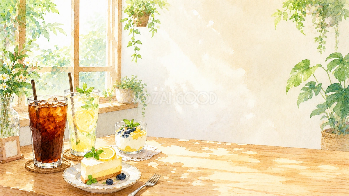 夏カフェ背景イラスト【無料】おしゃれな背景素材(PNG)フリー92452