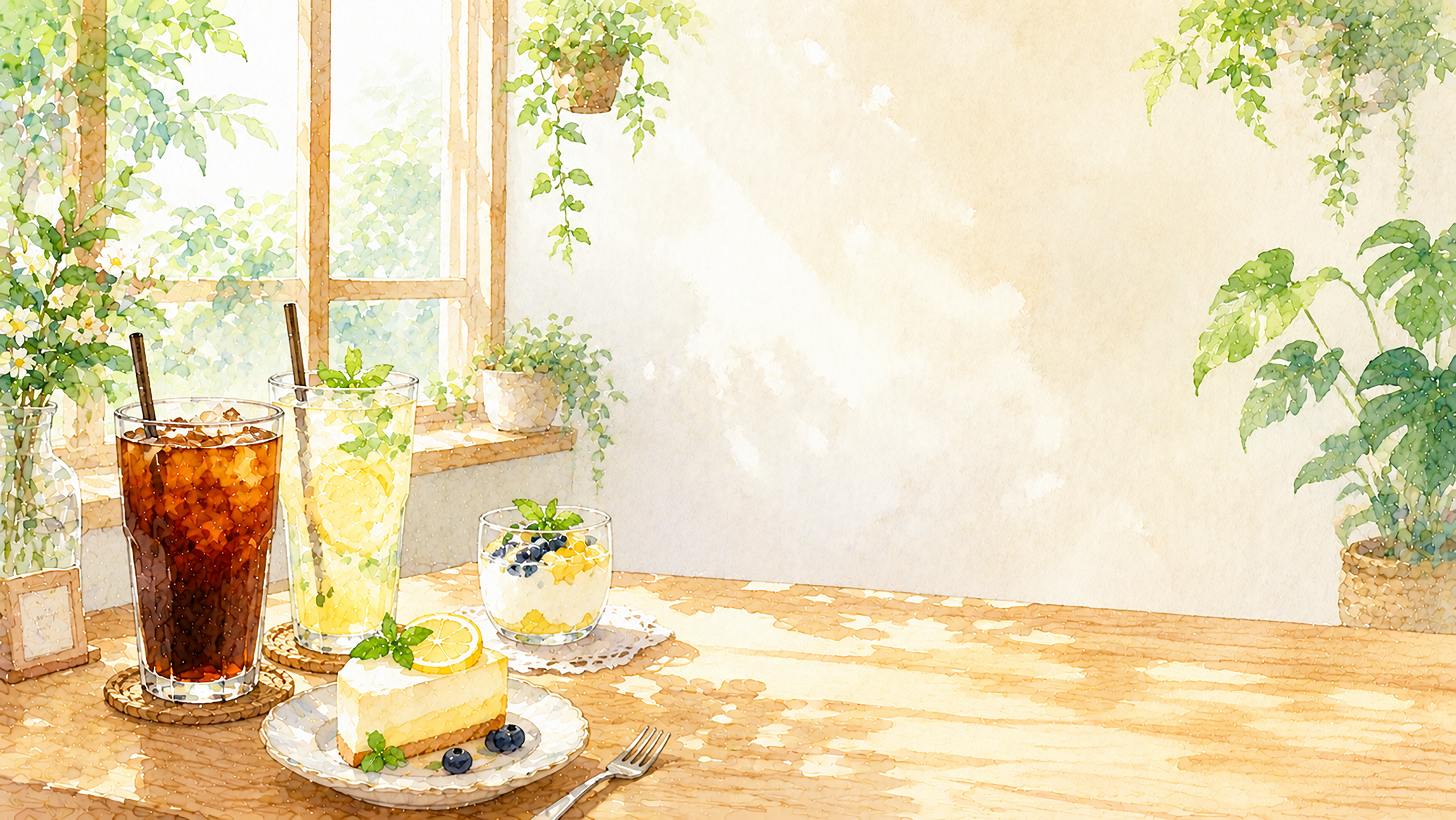 夏カフェ背景イラスト【無料】おしゃれな背景素材（PNG）フリー92452に写真・文字を入れる