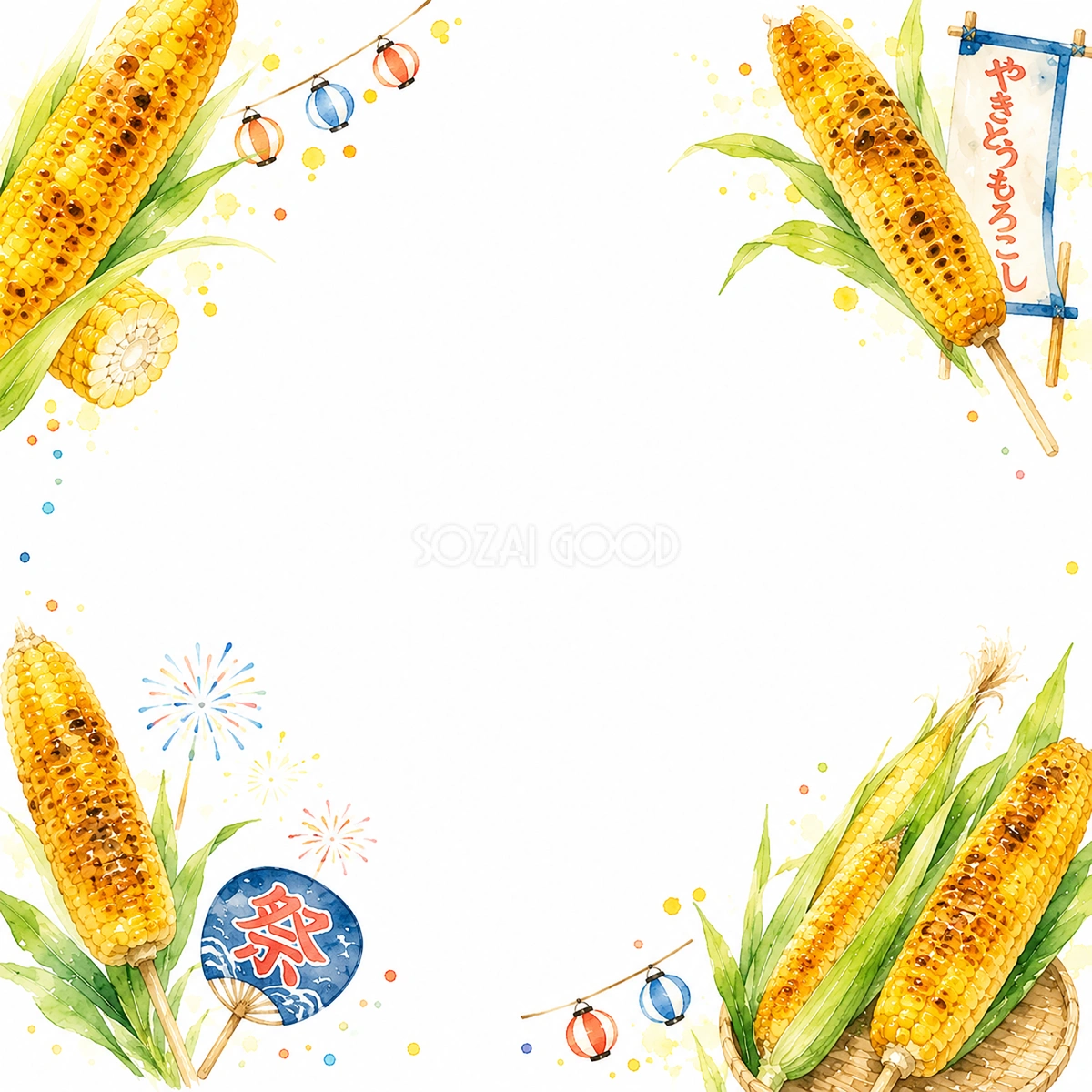 焼きとうもろこしフレーム【無料】夏祭りフレーム素材(PNG)フリー92458