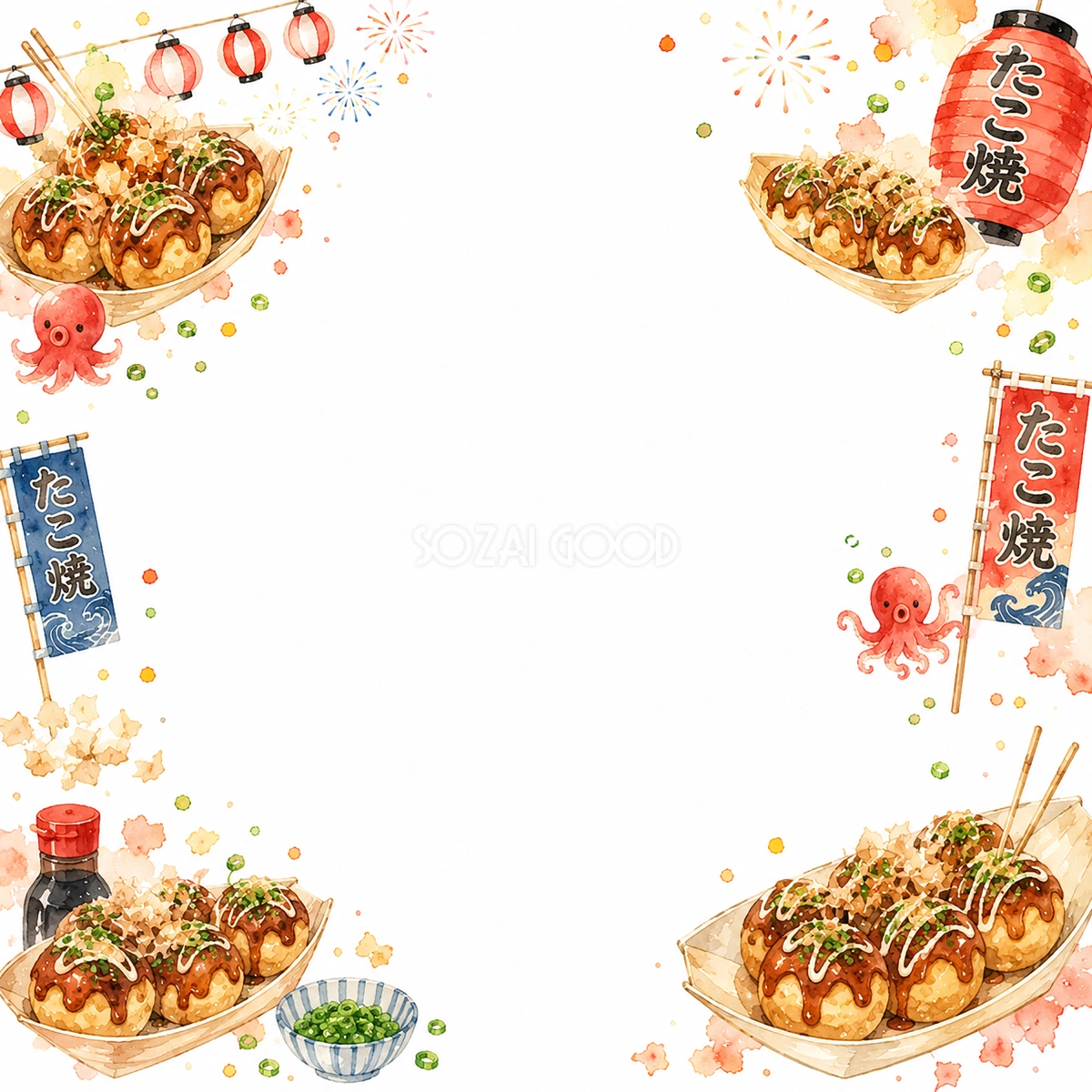 たこ焼きフレーム【無料】夏祭りのかわいいフレーム素材(PNG)フリー92459