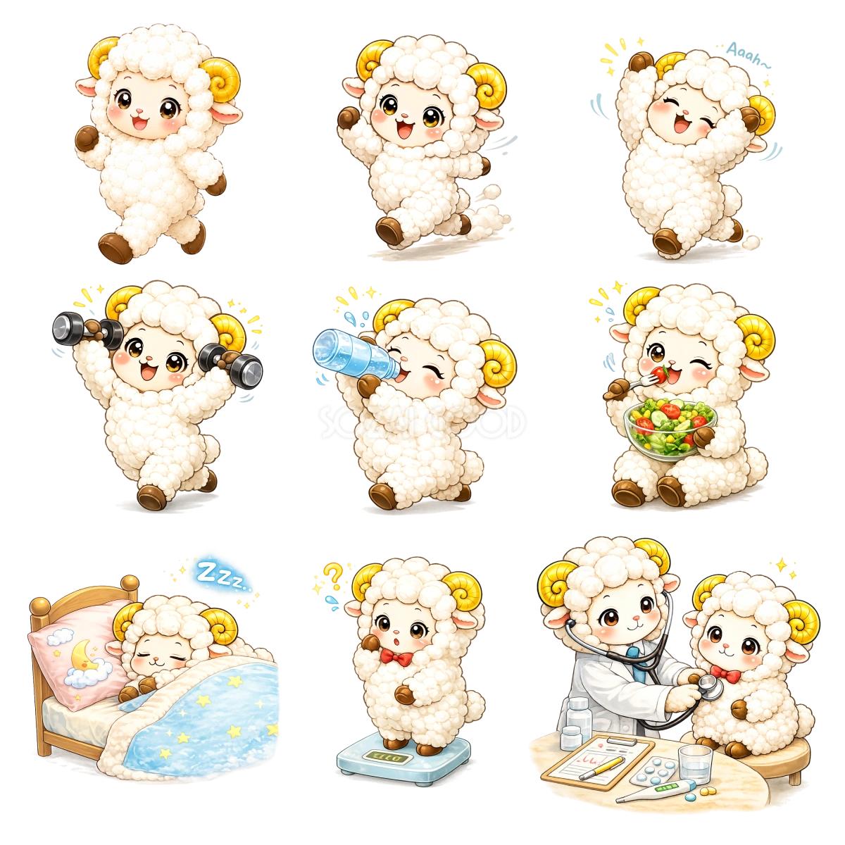健康・生活習慣をテーマにしたかわいい羊イラストセット【無料PNG素材】フリー92464