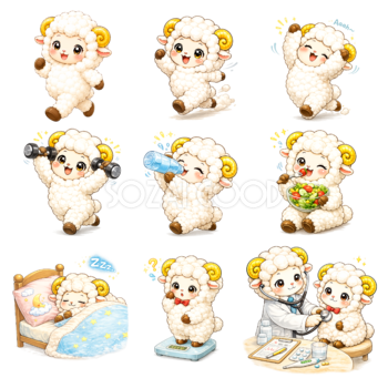 健康・生活習慣をテーマにしたかわいい羊イラストセット【無料PNG素材】フリー92464