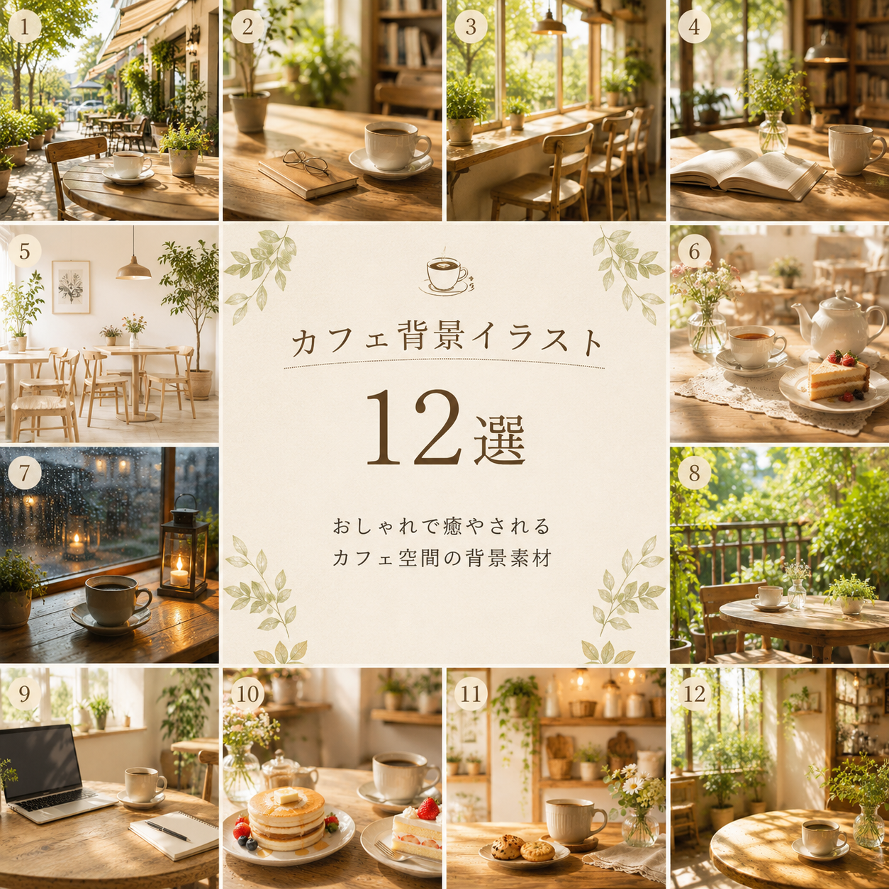 ​​​​​​​カフェ・リラックス背景イラストセット【無料PNG素材】フリー92474に写真・文字を入れる