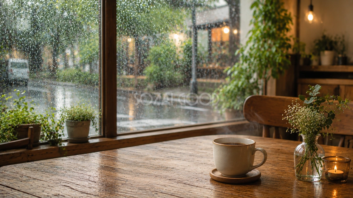雨の日のカフェ背景イラスト【無料PNG素材】フリー92481