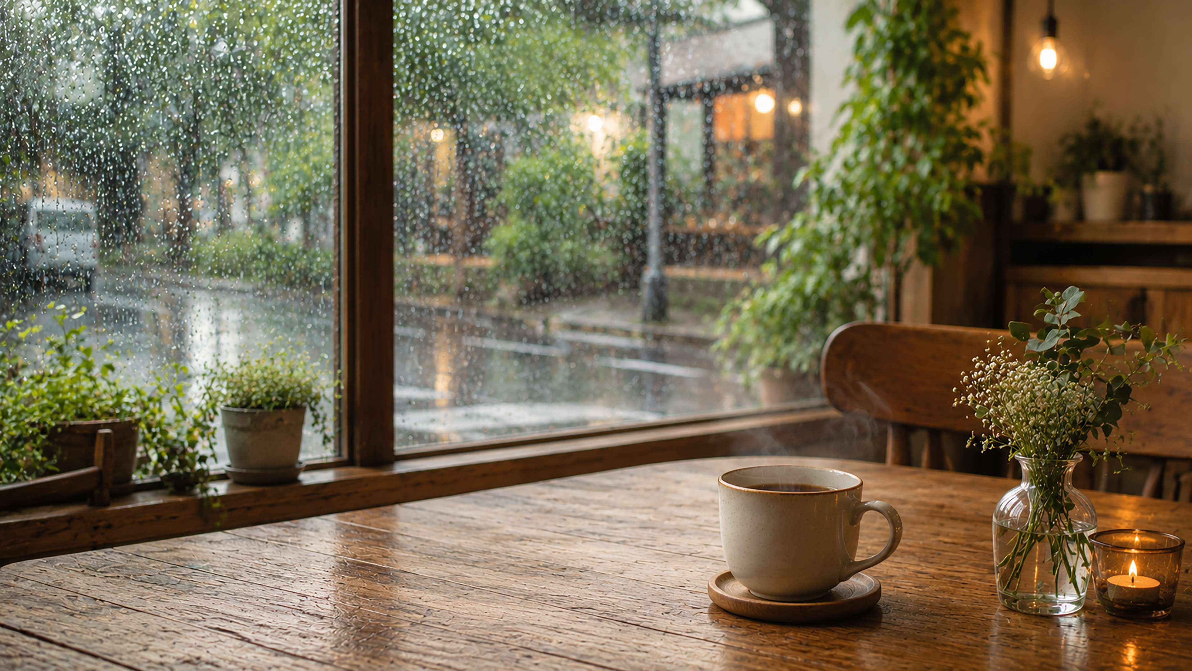 雨の日のカフェ背景イラスト【無料PNG素材】フリー92481に写真・文字を入れる