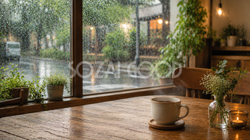 雨の日のカフェ背景イラスト【無料PNG素材】フリー92481