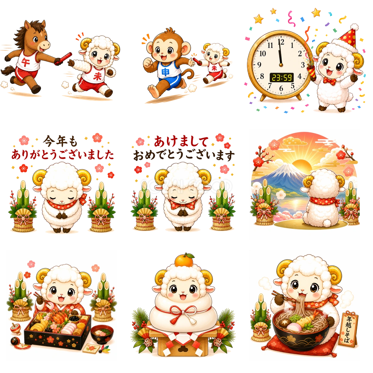 未年・年末年始を楽しむ羊のかわいいイラストセット【無料PNG素材】フリー92498