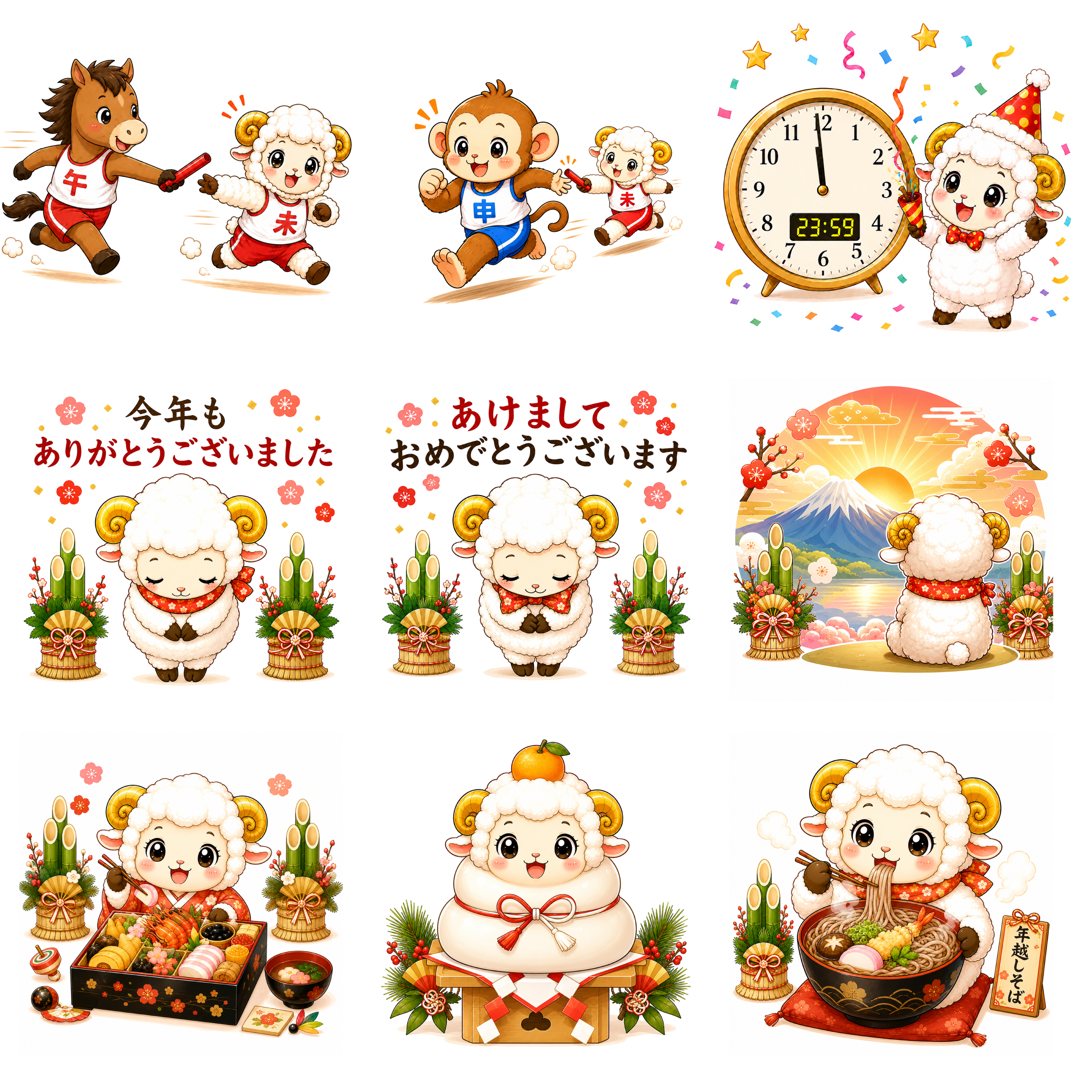 未年・年末年始を楽しむ羊のかわいいイラストセット【無料PNG素材】フリー92498に写真・文字を入れる