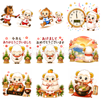 未年・年末年始を楽しむ羊のかわいいイラストセット【無料PNG素材】フリー92498