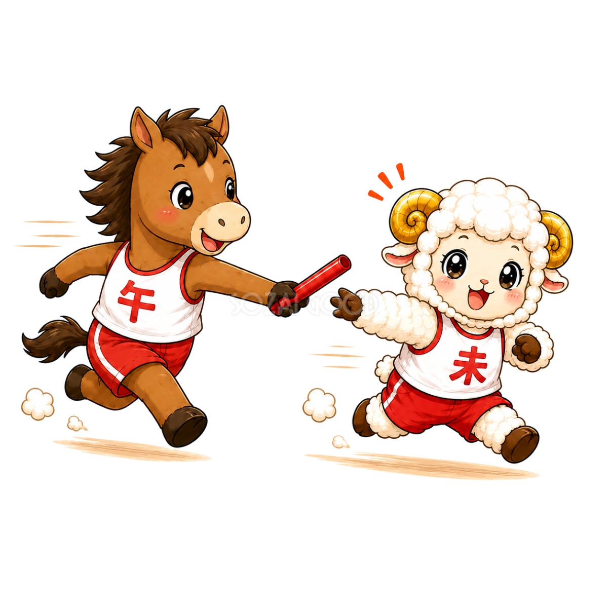 午年から未年へバトンを受け取るかわいい羊のイラスト【無料PNG素材】フリー92499