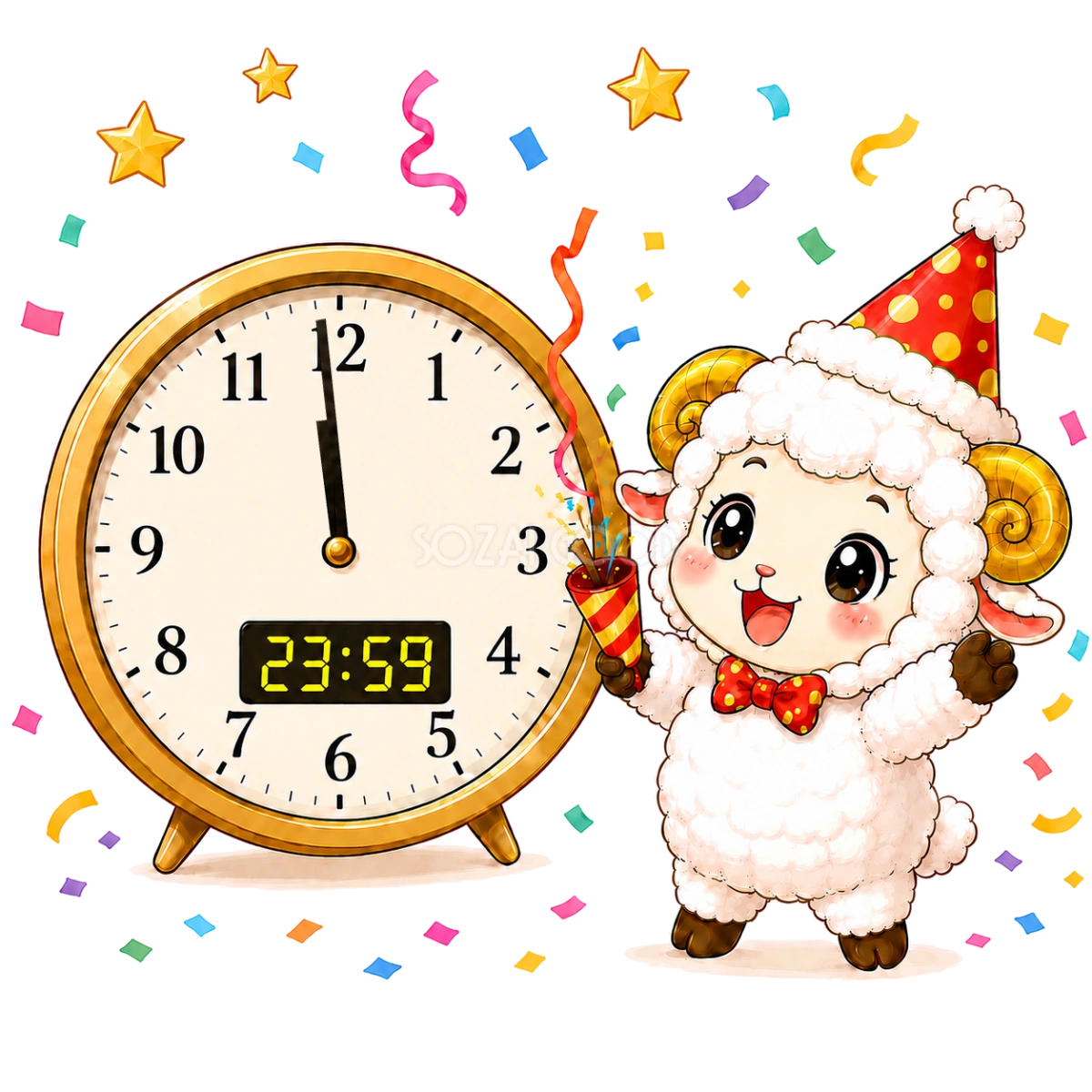 未年の年越しカウントダウンをするかわいい羊のイラスト【無料PNG素材】92501