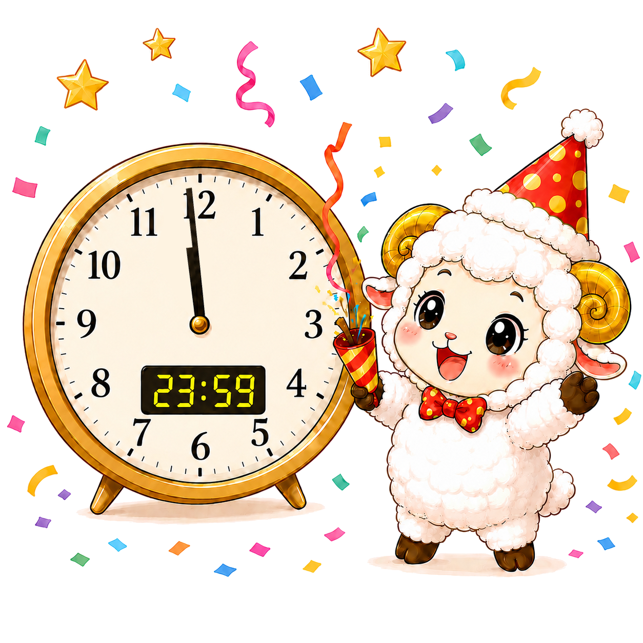 未年の年越しカウントダウンをするかわいい羊のイラスト【無料PNG素材】92501に写真・文字を入れる