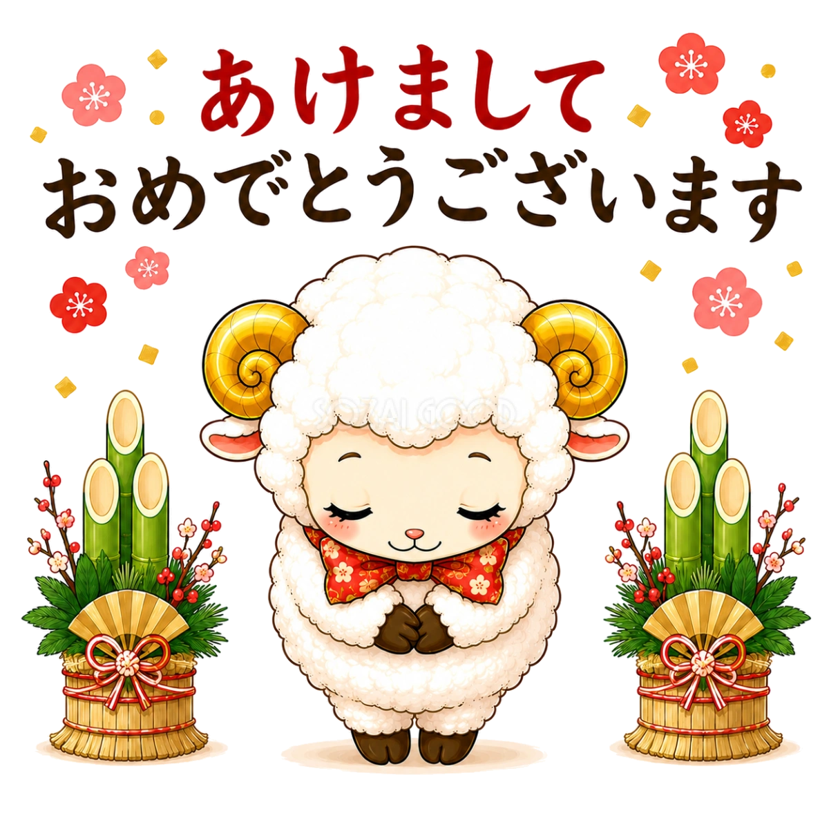 あけましておめでとうございますと挨拶する羊の未年イラスト【無料PNG素材】フリー92503