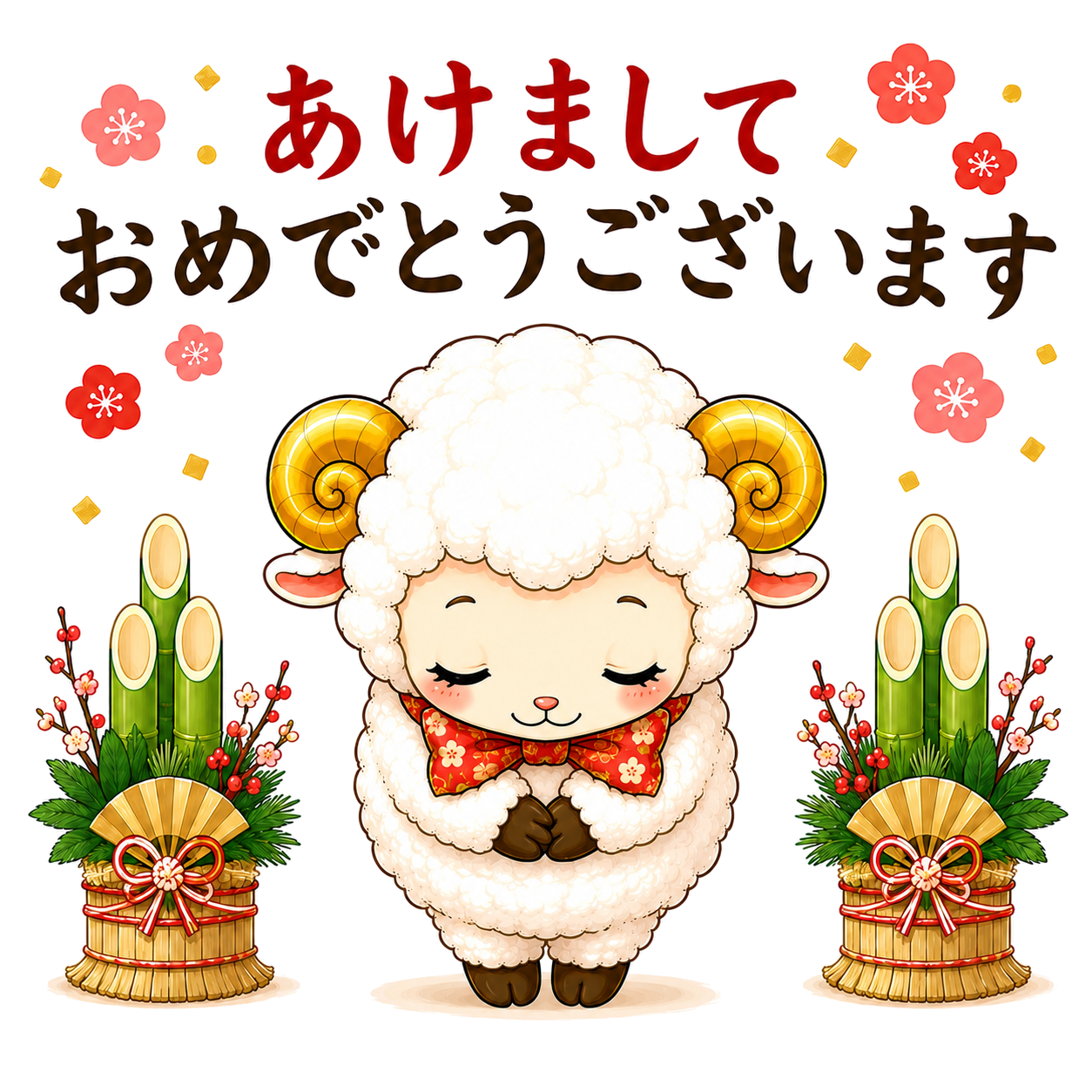 あけましておめでとうございますと挨拶する羊の未年イラスト【無料PNG素材】フリー92503に写真・文字を入れる