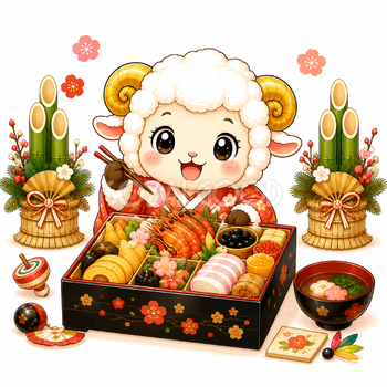 おせち料理を楽しむかわいい羊の未年イラスト【無料PNG素材】フリー92505