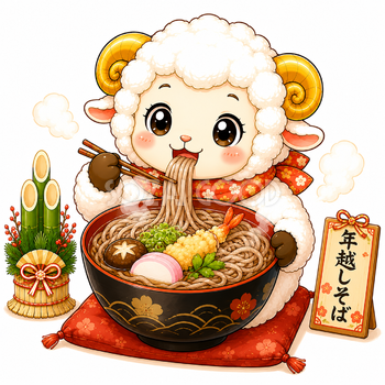 年越しそばを食べるかわいい羊の未年イラスト【無料PNG素材】フリー92507