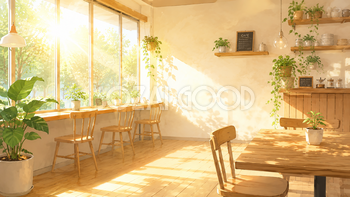 朝日が差し込むカフェ背景イラスト【無料PNG素材】フリー92509