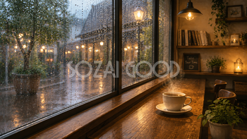 雨の日のカフェ背景イラスト【無料PNG素材】フリー92511