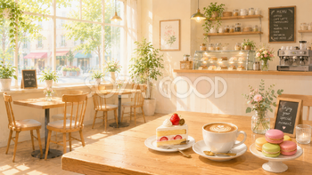 スイーツを楽しむカフェ背景イラスト【無料PNG素材】フリー92514