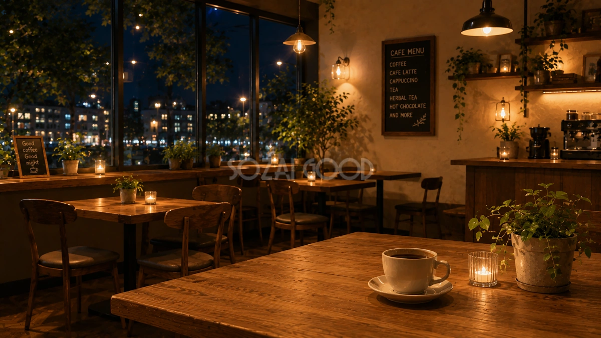 夜のカフェ背景イラスト【無料PNG素材】フリー92517