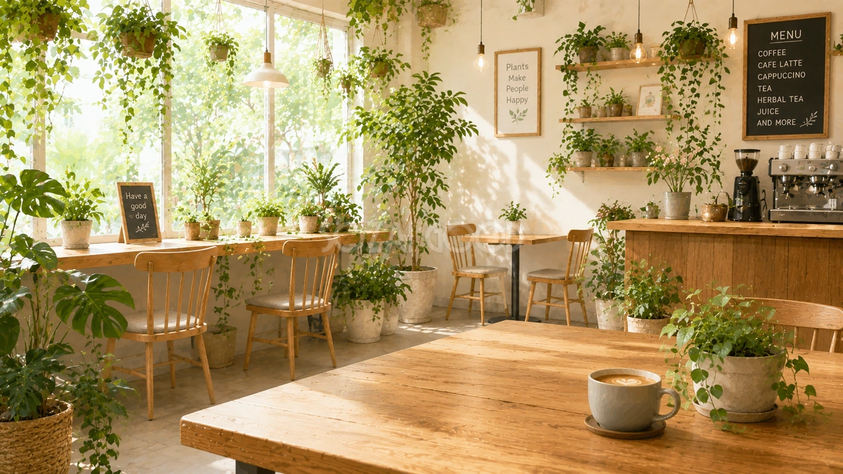 観葉植物に囲まれたカフェ背景イラスト【無料PNG素材】フリー92518