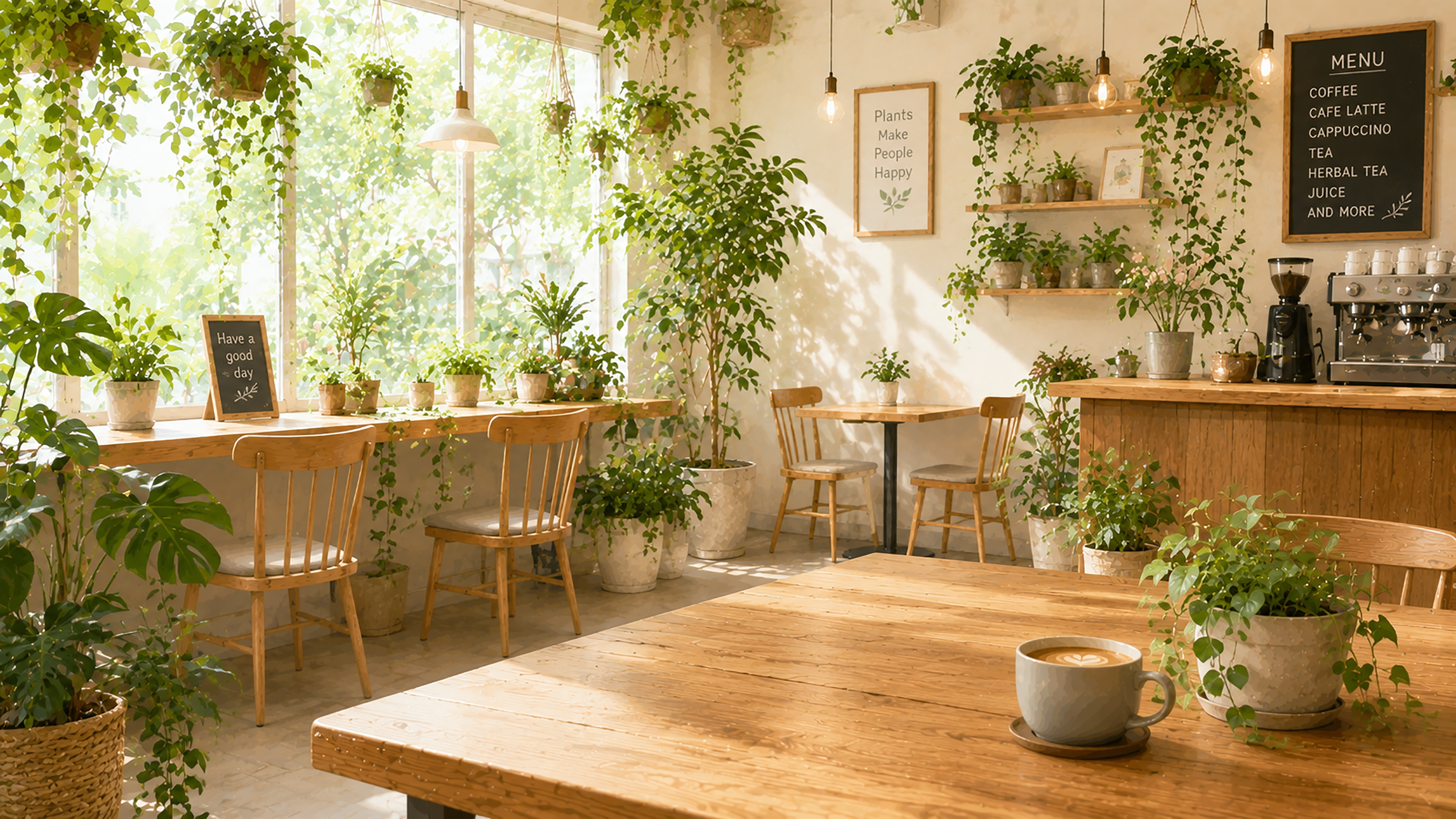 観葉植物に囲まれたカフェ背景イラスト【無料PNG素材】フリー92518に写真・文字を入れる