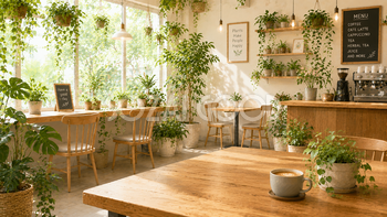 観葉植物に囲まれたカフェ背景イラスト【無料PNG素材】フリー92518