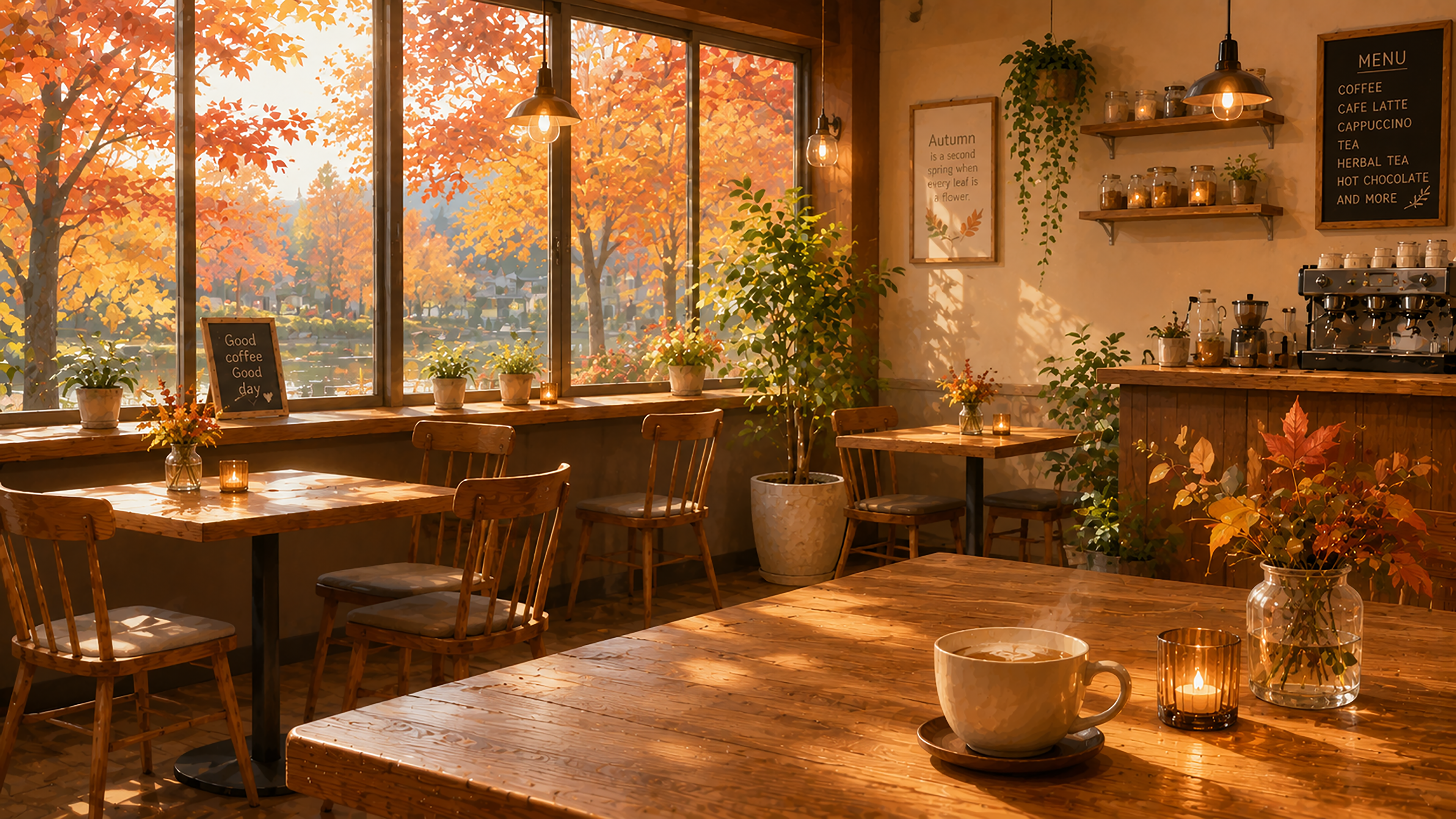 紅葉が見える秋カフェ背景イラスト【無料PNG素材】フリー92519に写真・文字を入れる