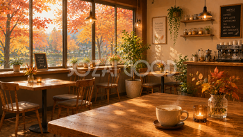 紅葉が見える秋カフェ背景イラスト【無料PNG素材】フリー92519