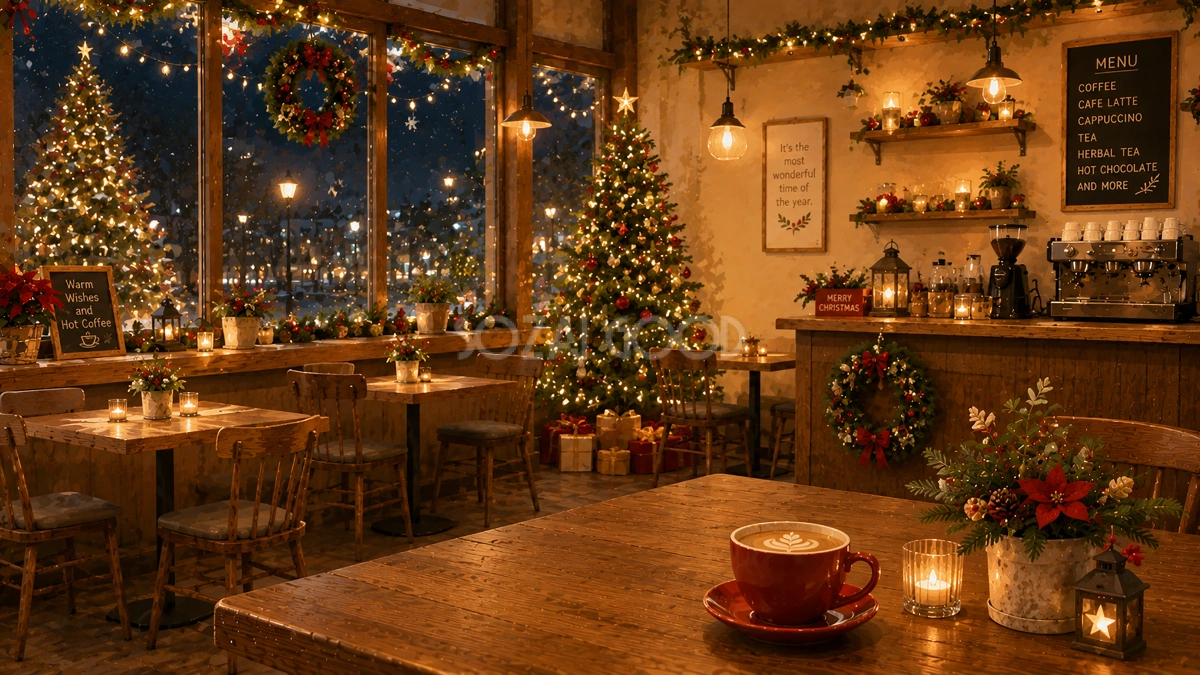 クリスマスカフェ背景イラスト【無料PNG素材】フリー92520