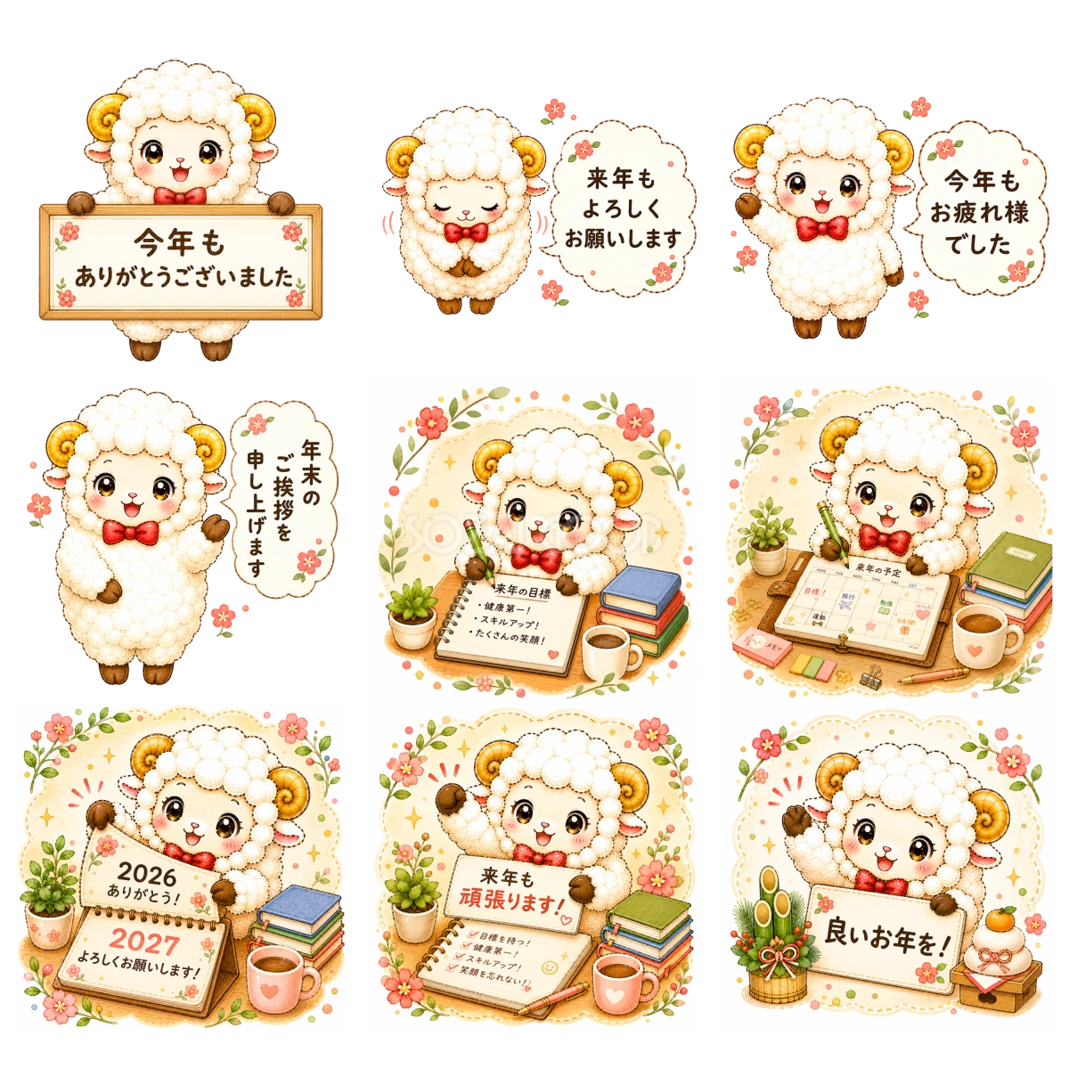 年末・新年のご挨拶 未年(羊)イラスト|無料・かわいいフリー素材セット【PNG】92532