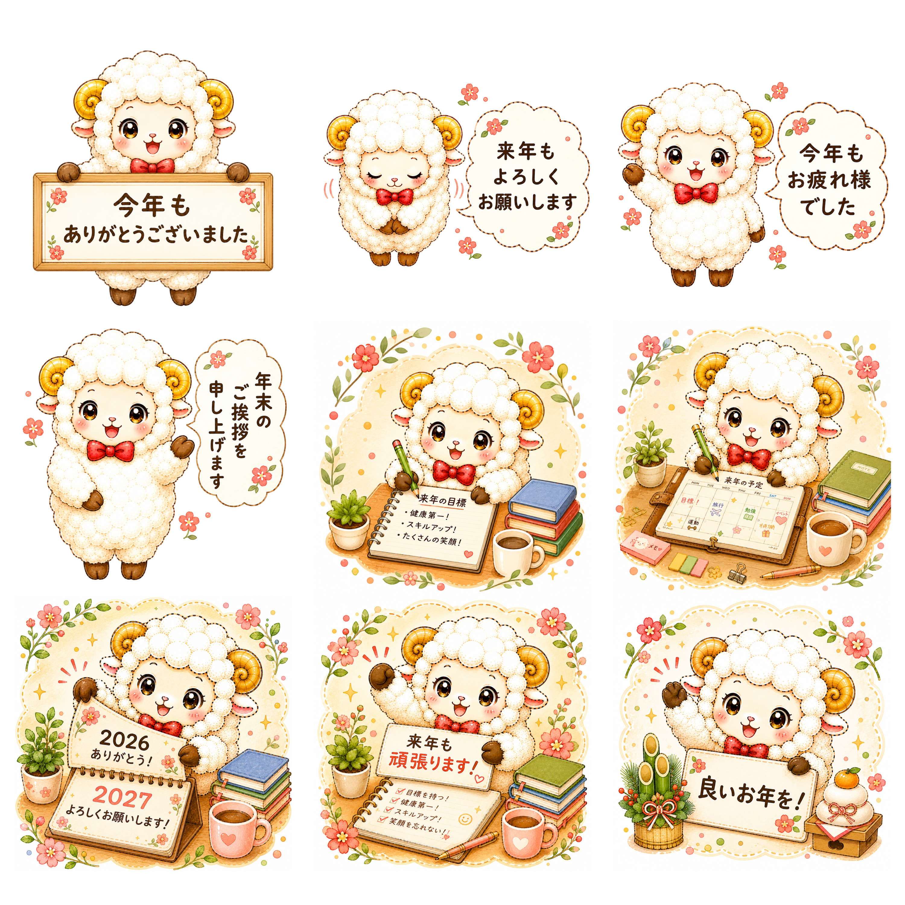 年末・新年のご挨拶 未年（羊）イラスト｜無料・かわいいフリー素材セット【PNG】92532に写真・文字を入れる