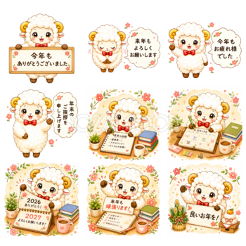 年末・新年のご挨拶 未年（羊）イラスト｜無料・かわいいフリー素材セット【PNG】92532