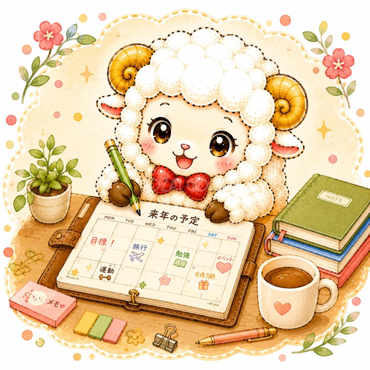 手帳に来年の予定を書く未年（羊）イラスト｜無料・かわいいフリー素材【PNG】92538