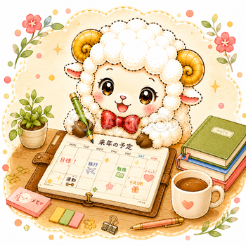 手帳に来年の予定を書く未年（羊）イラスト｜無料・かわいいフリー素材【PNG】92538