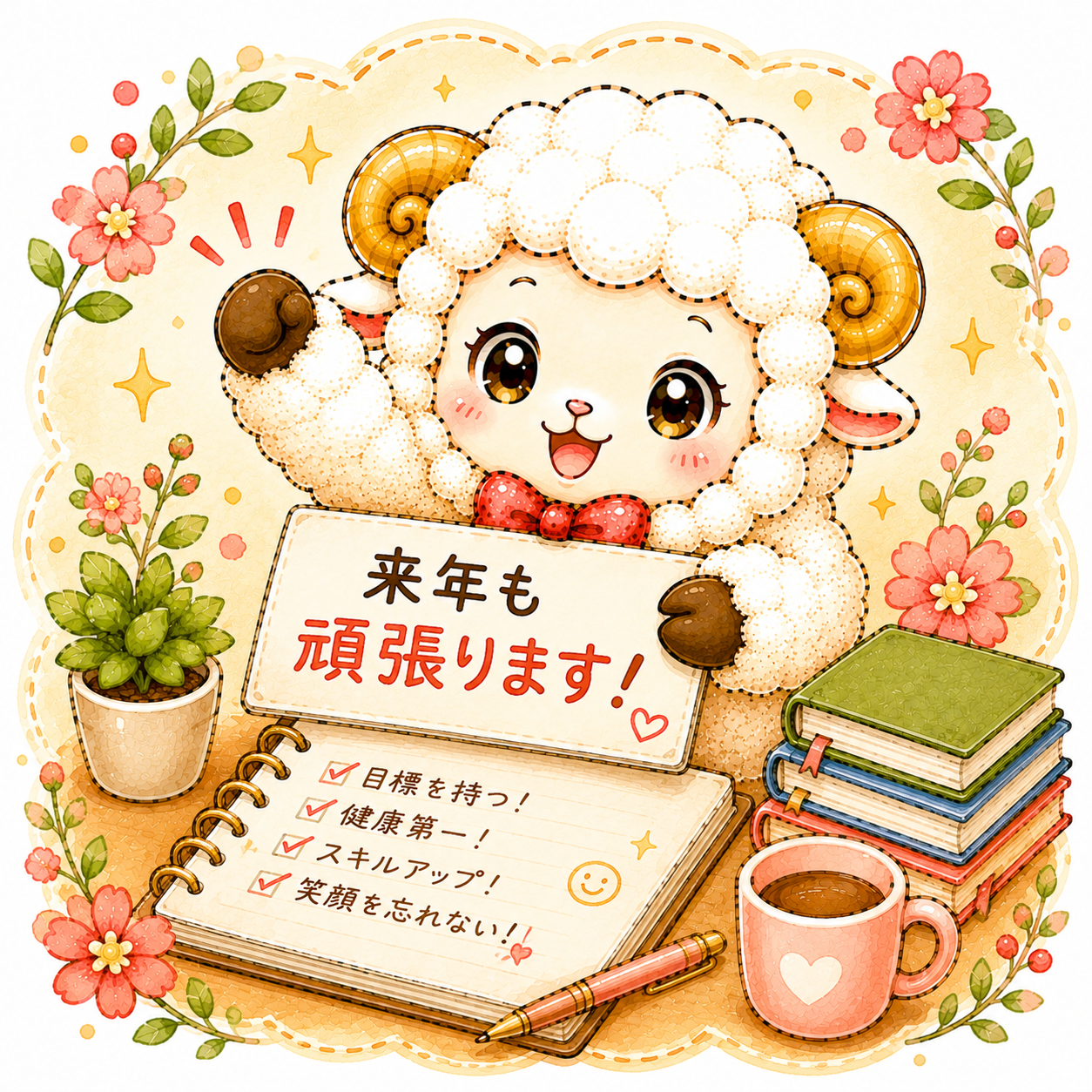 来年も頑張ります！（未年・羊）イラスト｜無料・かわいいフリー素材【PNG】92540に写真・文字を入れる