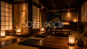 夜の和カフェ背景イラスト｜無料・おしゃれなフリー素材【PNG】92548