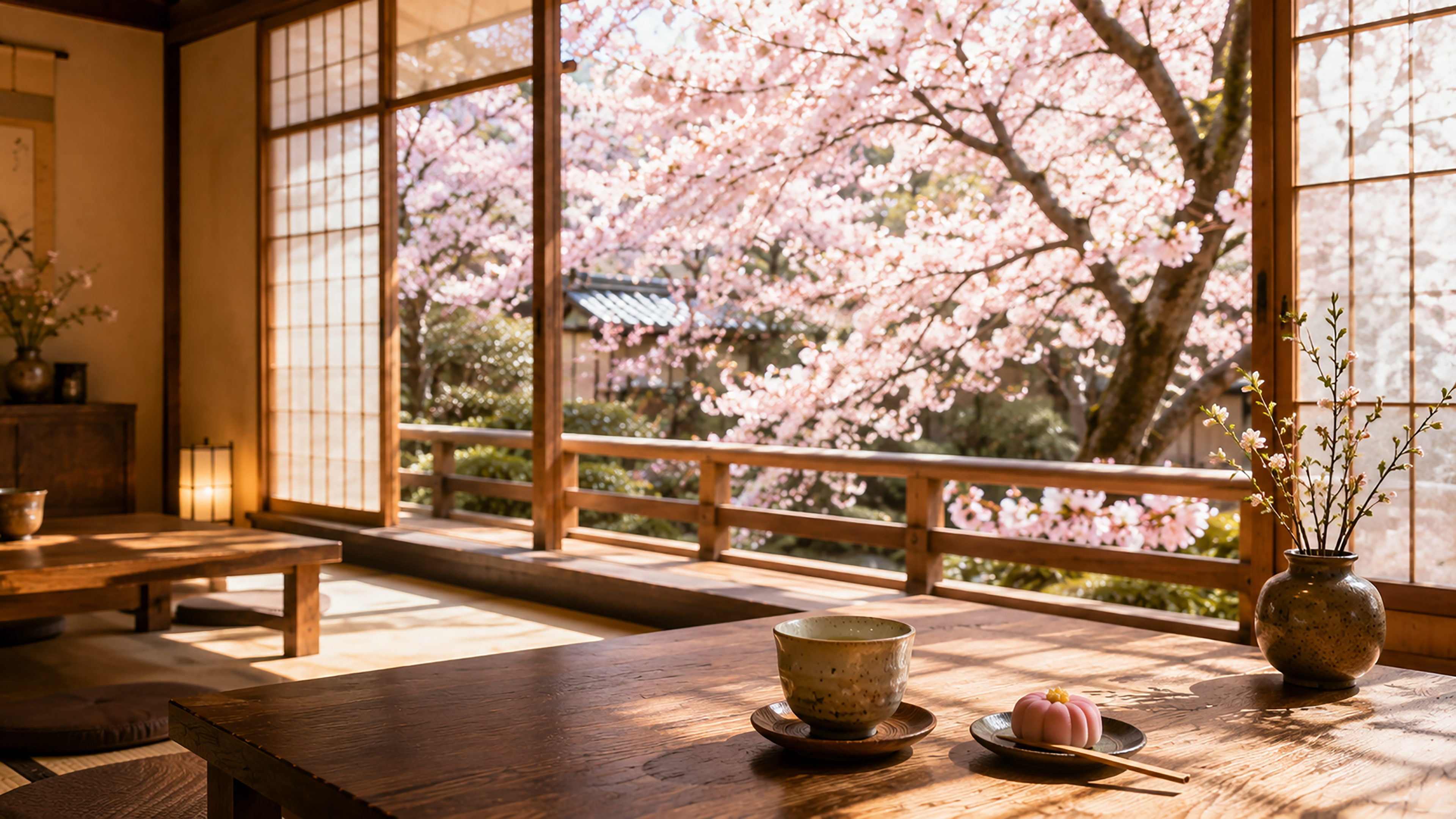 桜が見える和カフェ背景イラスト｜無料・おしゃれなフリー素材【PNG】92549に写真・文字を入れる