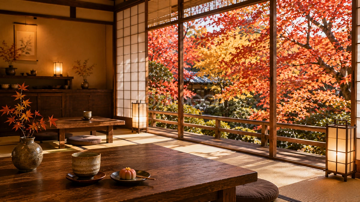紅葉が見える和カフェ背景イラスト|無料・おしゃれなフリー素材【PNG】92550