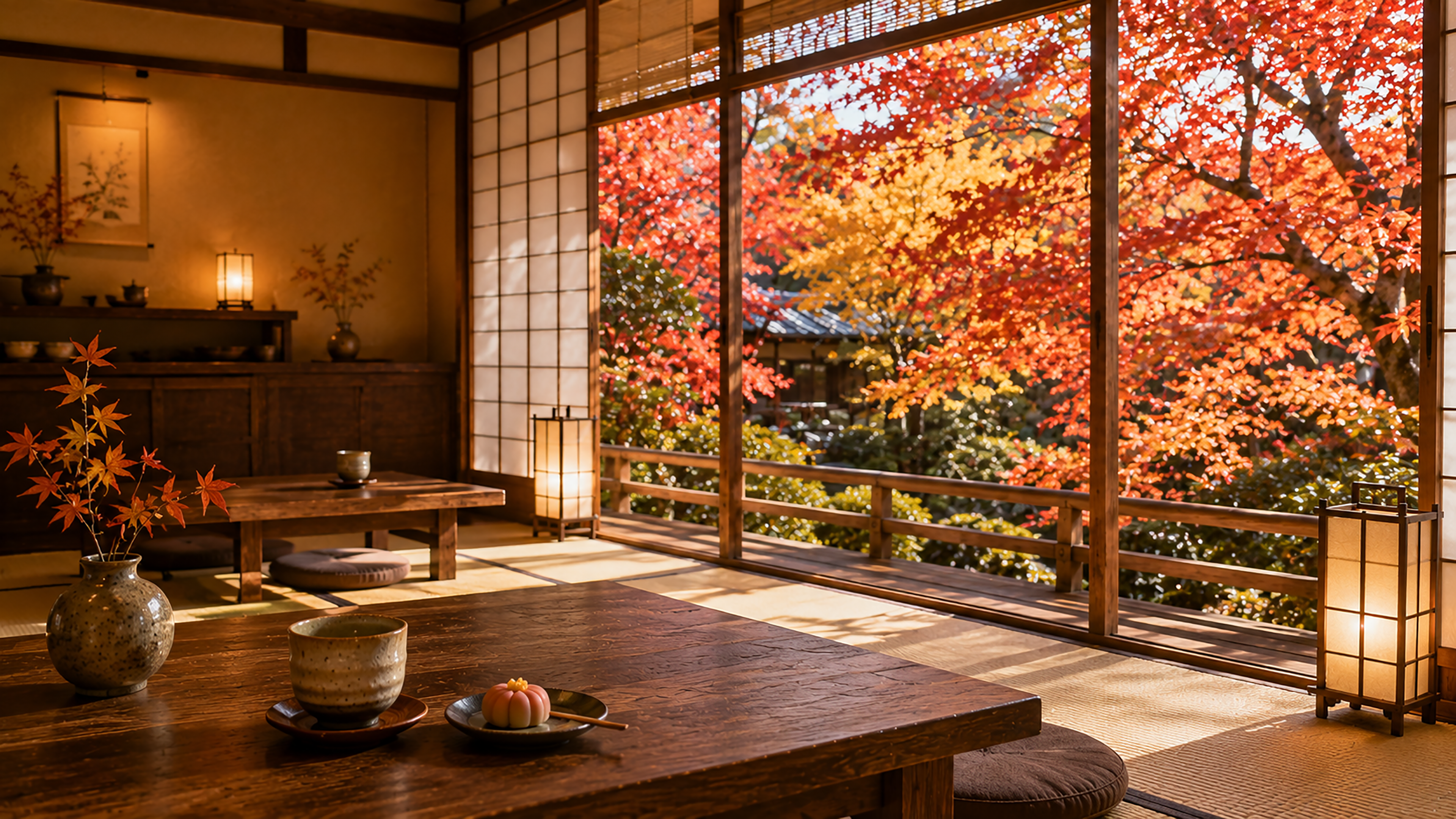 紅葉が見える和カフェ背景イラスト｜無料・おしゃれなフリー素材【PNG】92550に写真・文字を入れる