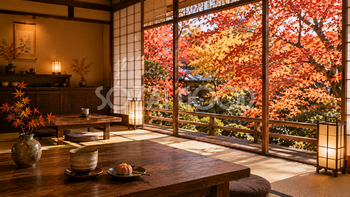 紅葉が見える和カフェ背景イラスト｜無料・おしゃれなフリー素材【PNG】92550