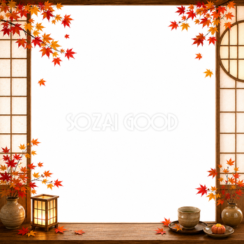 紅葉が見える和カフェフレーム｜無料・おしゃれな和風フリー素材【PNG】92563