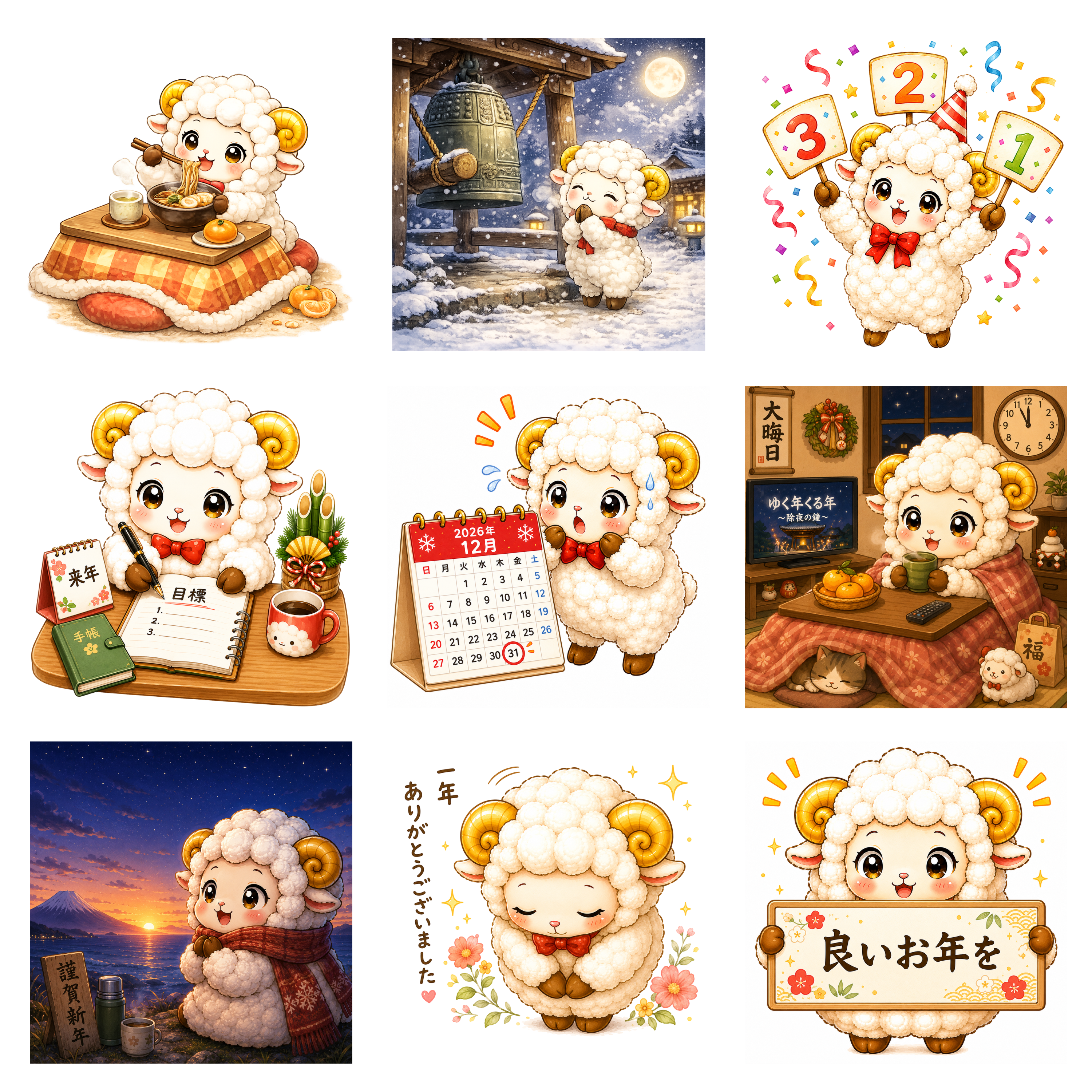 年末・年越しの羊イラスト9点セット｜無料・フリー素材（PNG）92566に写真・文字を入れる