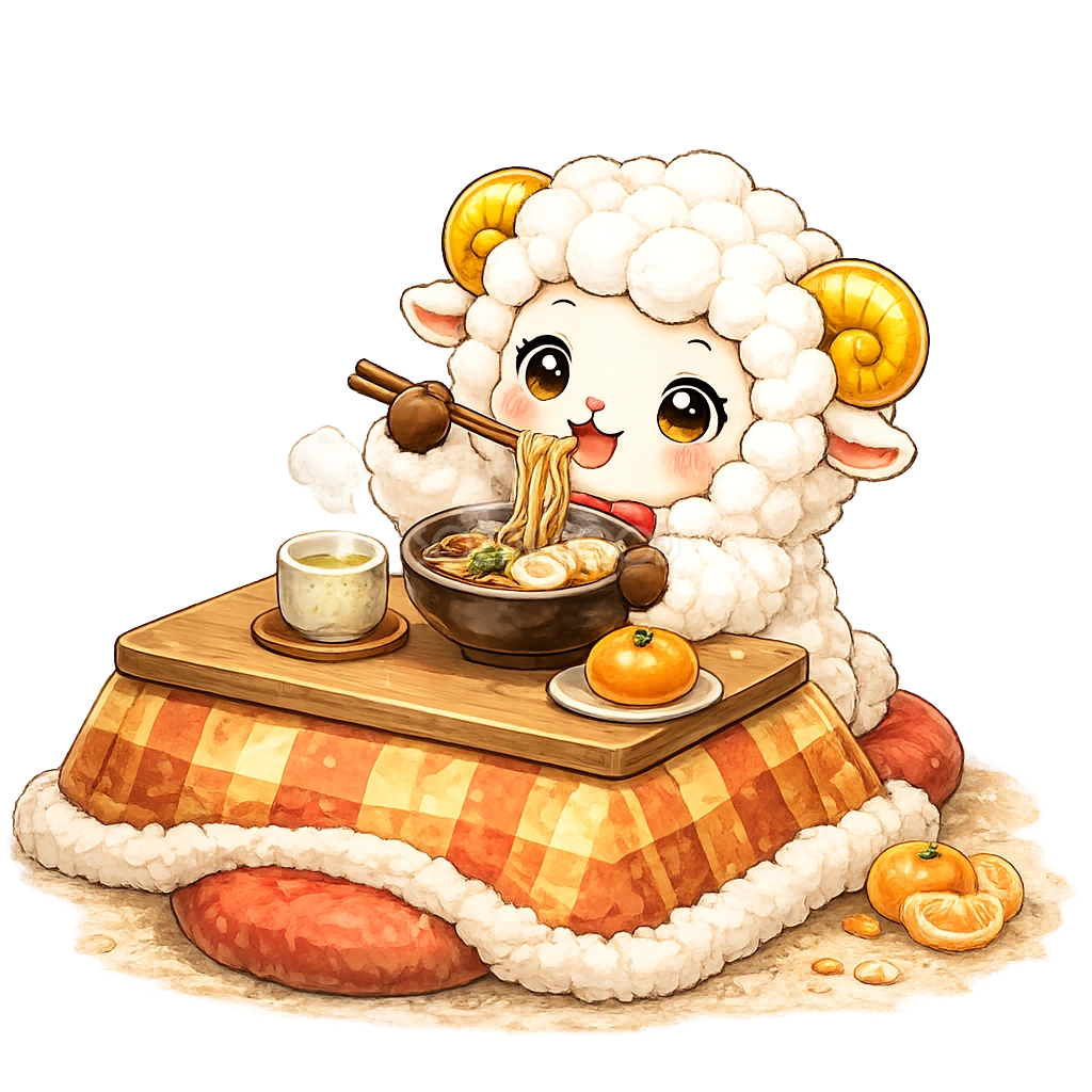 年越しそばを食べる羊の無料・フリーイラスト素材(PNG)92567